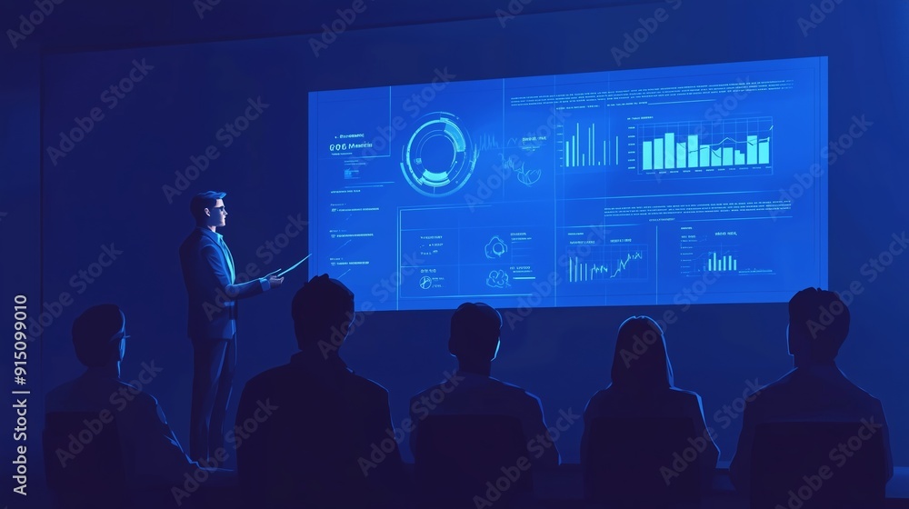 Poster professional presentation on business analytics with data visualizations in a modern conference room