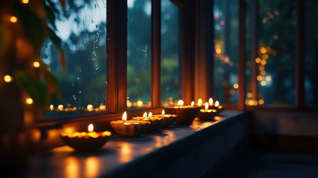 Soft light from diyas enhances the warmth of the indoor space during the festive evening of Diwali, with rain gently falling outside