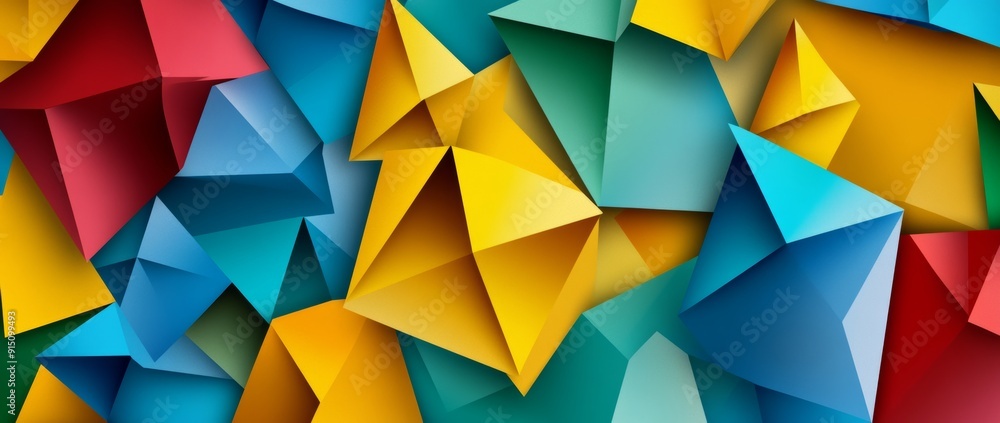 Poster angular shapes and triangles illustrated on a colorful abstract background, panoramic photograph