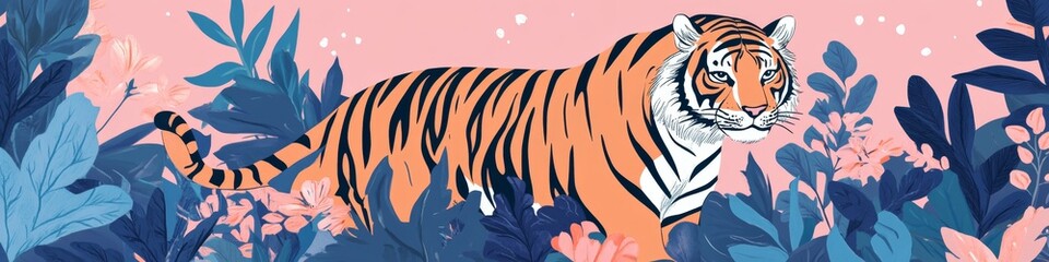 Fototapeta premium Futuristic Tiger Year Celebration: Elegant Zodiac Party Poster with Geometric Floral Patterns. Stylized Regal Tiger Amidst Dreamy Pastel Hues, Blending Chinese Symbolism and Modern Design. Perfect for
