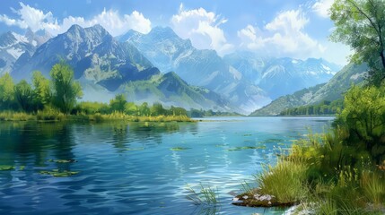 Fototapeta premium the view on the river bank with beautiful mountains