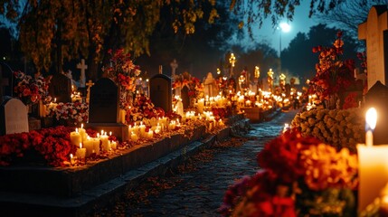 Fototapeta premium The cemetery glows softly under the night sky, illuminated by countless candles and vibrant flowers, creating a serene atmosphere for reflection