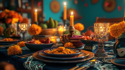 A vibrantly decorated table awaits guests, featuring candles, marigolds, and traditional dishes celebrating Dia de los Muertos