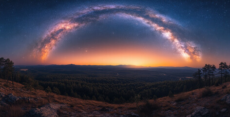 Panoramic shot of a huge starry night sky over a dark dense forest revealing the beauty of the Milky Way.
