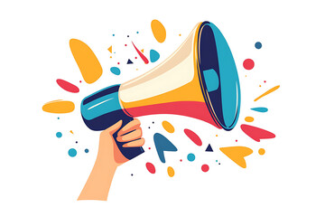 Loudhailer, hands holding megaphone. Announcement, advertising, public hearing concept. Mockup design with loudspeaker, background with blank empty space for copy space