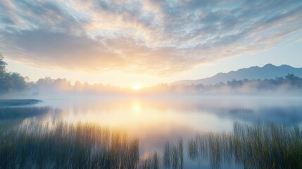 Fototapeta premium Serene Sunrise Over a Foggy Lake and Mountains