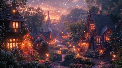 Naklejka premium Fairy-tale town with houses painted in soft pastels like peach, mint, and lavender, illuminated by lanterns and twinkling stars in the evening sky 