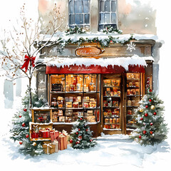Christmas store in Watercolor, generated ai