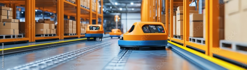 Poster automated robots operate in a modern warehouse, transporting goods efficiently through the storage a