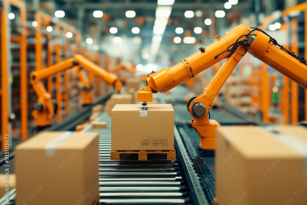 Aufkleber automated robotic arms sorting packages on a conveyor belt in a modern warehouse. efficient logistic