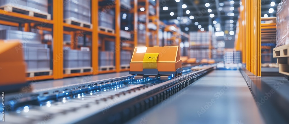 Poster automated warehouse with conveyor belt and robotic package handling, showcasing advanced logistics t