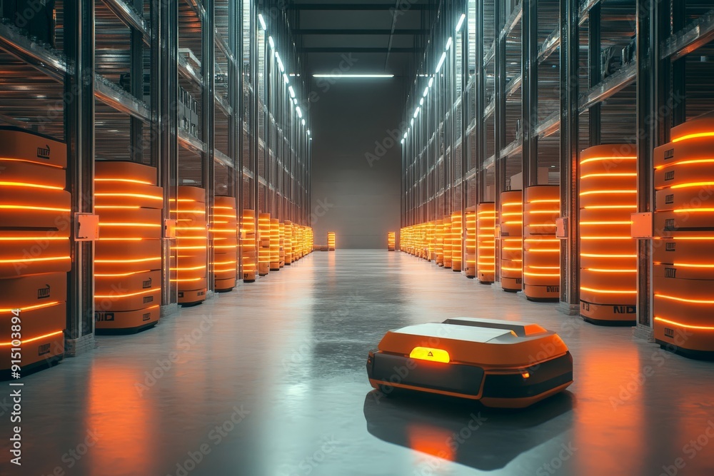 Poster automated warehouse with robots organizing shelves and transporting goods, illuminated with vibrant 