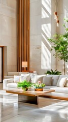 Modern Interior Design with White Sofa and Wooden Coffee Table.