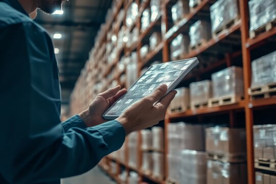Close-up of a worker using a tablet in a warehouse, managing inventory with technology for efficient storage and tracking.