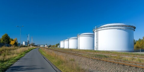 Fototapeta premium Sustainable Industrial Power: Towering White Storage Tanks by the Roadside and Railway, Set Against a Pristine Blue Sky