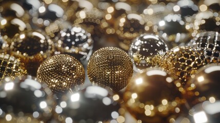 Close-up of a Collection of Shiny Gold and Silver Ornaments