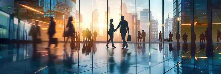 Two business people are engaged in a handshake in front of a sleek office building as the sun sets, creating a warm atmosphere in the urban landscape. Generative AI