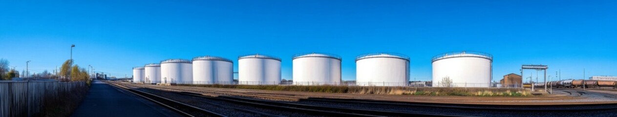Sustainable Industrial Power: Towering White Storage Tanks by the Roadside and Railway, Set Against a Pristine Blue Sky