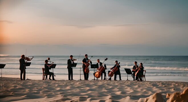 Symphony orchestra on a beach.