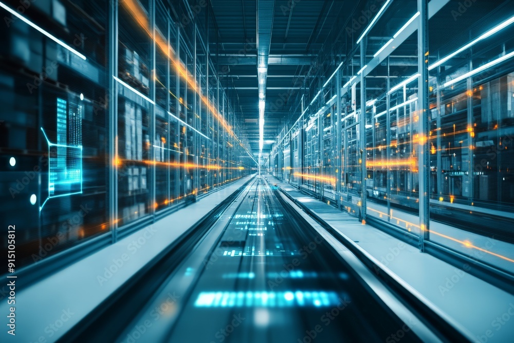 Poster futuristic data center corridor with glowing lights and servers, representing advanced technology, d