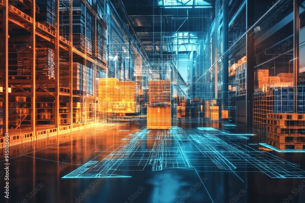 Poster futuristic warehouse with digital interfaces and automated systems, illustrating modern logistics an