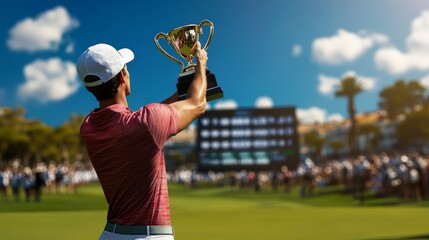 Golfer celebrating victory while holding a trophy on a sunny day with a crowd cheering in the background.