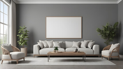 Modern cozy mock-up and decoration furniture of the living room and empty canvas frame on the Gray wall texture background, 3D rendering
