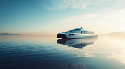 A hydrogen-powered ferry glides through calm waters on a beautiful, sunny day. Clear skies and calm waters underline its modernity and ecological credentials.