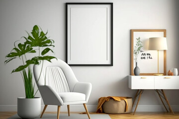 Minimalist living room interior with armchair, plant, and blank frame.