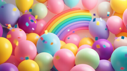 3D birthday background with colorful balloons and a rainbow, creating a joyful scene, perfect for a greeting card template.