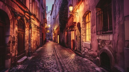 A Narrow, Cobblestone Street Illuminated by Warm Streetlights at