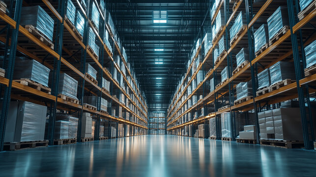 The modern warehouse interior, lit with bright LED lamps, creates an efficient environment for storing and distributing goods.