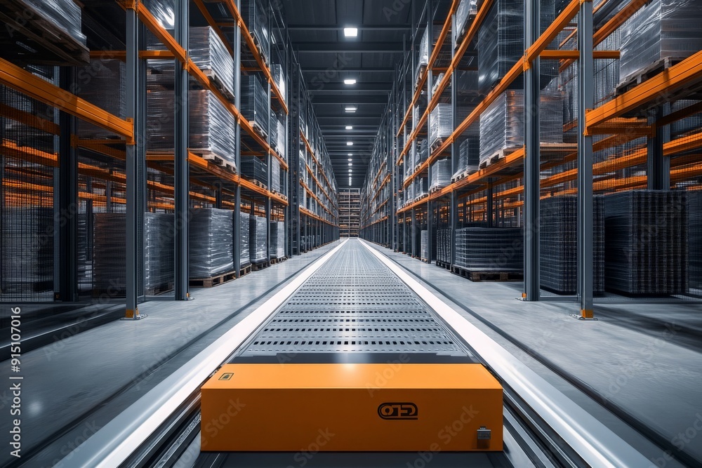 Aufkleber modern automated warehouse with an orange robot navigating aisles of shelves filled with pallets. ef