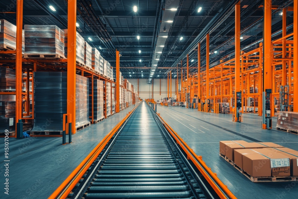 Poster modern automated warehouse with conveyor belt system and stacked shelves, showcasing storage and log