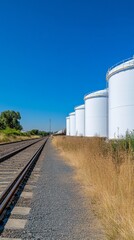 Obraz premium Sustainable Industrial Power: Towering White Storage Tanks by the Roadside and Railway, Set Against a Pristine Blue Sky