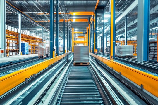 Modern automated warehouse with conveyor belts and storage sections. Efficient logistics and industrial storage solutions.