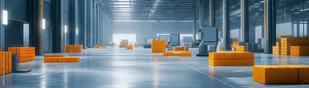 Poster modern industrial warehouse interior with stacked cardboard boxes and automated machines for logisti
