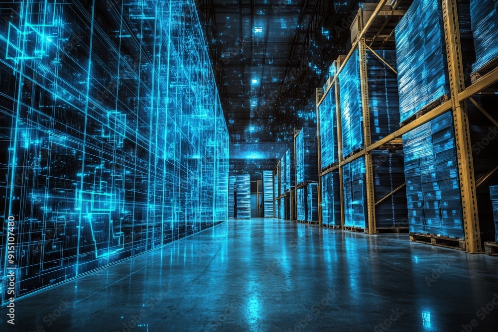 Poster modern digital warehouse with futuristic technology and data representation showcasing advanced stor