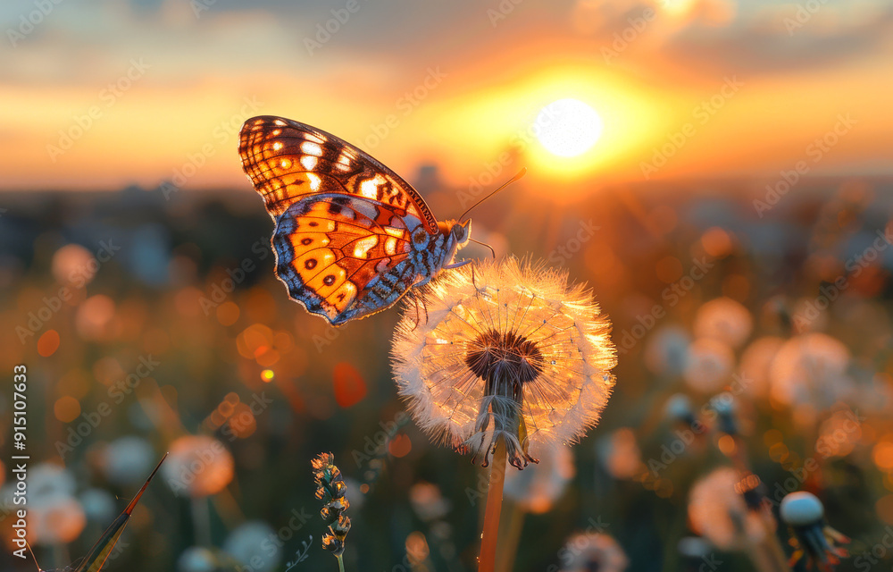 Poster a butterfly is resting on a dandelion in a field