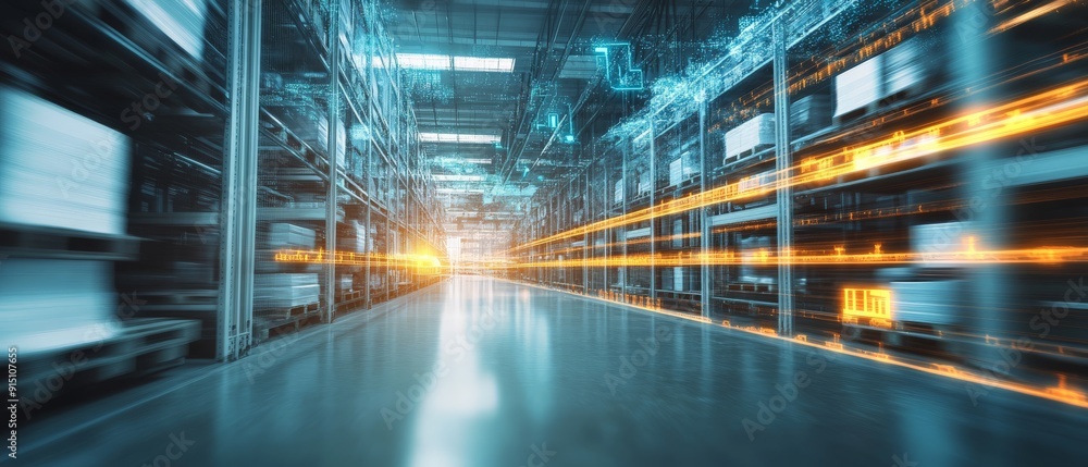 Poster modern warehouse interior with automated systems and high-tech storage solutions, glowing lights ind