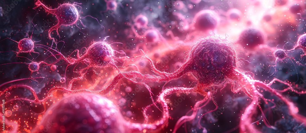 Poster a close up of a bunch of pink and red cells. the image is of a cell, but it is not a cell that is al