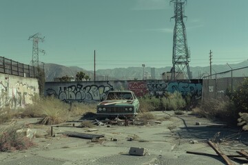 Abandoned vehicle on a rural route, suitable for nostalgic or rural-themed projects