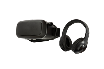Black virtual reality glasses and headphones on isolated background. Accessory for vr games or training.