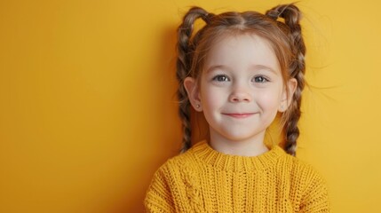 A young girl wearing a yellow sweater and having her hair styled in pigtails, perfect for family or educational use