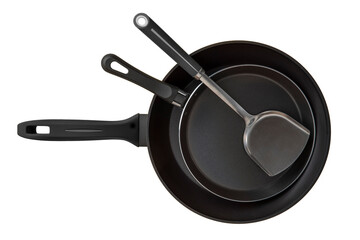 Frying pans with mixing paddle, kitchen equipment tool on isolated background.