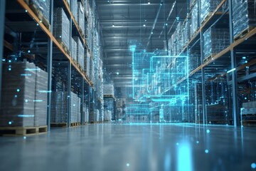 Modern warehouse with digital virtual interface overlay, showcasing advanced logistics, storage technology and efficient inventory management.