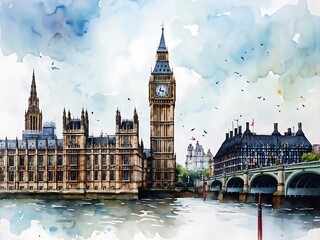 Watercolor Illustration of Big Ben and the Houses of Parliament