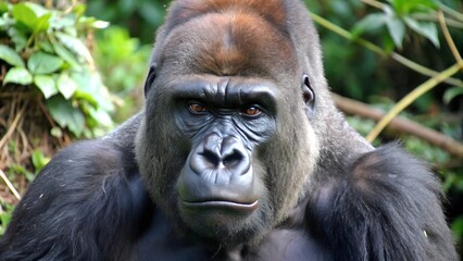 Obraz premium a close-up of a gorilla with a serious and concentrated expression on his face. Its coat is dark and thick, with brown tints on its head. The background is slightly blurry with vegetation.