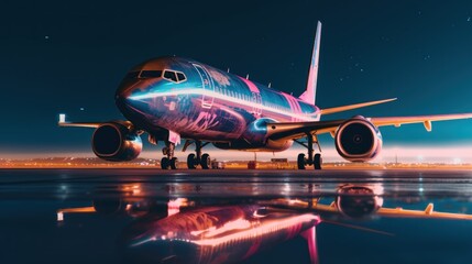 Airplane on Runway at Night with Neon Lights