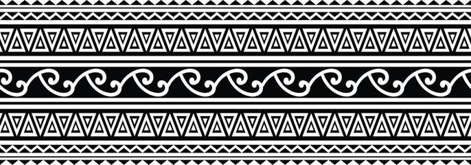 Polynesian tattoo design tribal border.Tribal design ethnic ornament maori band.Samoan Tattoo ribbon sleeve bracelet.Fabric seamless isolated hawaiian armband pattern on white background.
